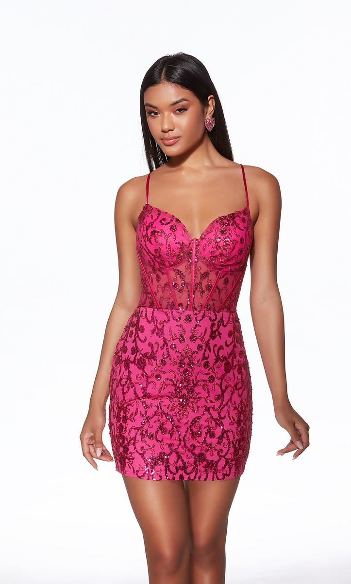 corset lace up mini dress Alyce Paris Sheer Corset Lace-Up Mini Dress 40091