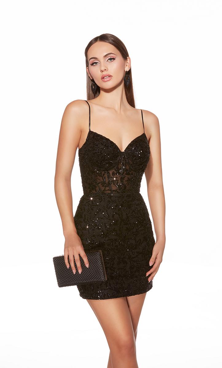 sheer lace mini dress Alyce Paris 40131 - Short Beaded Lace Sheath Dress