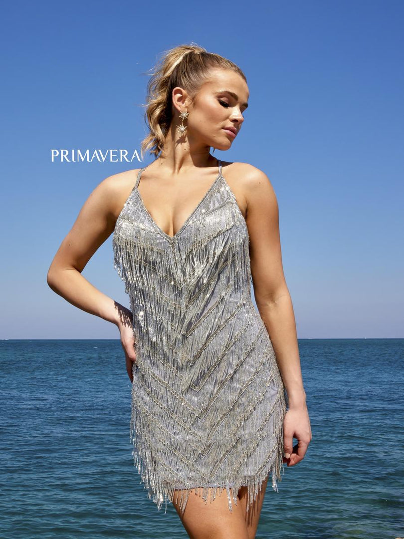 Primavera Short Fringe Homecoming Dress 4019 Platinum / 16 Primavera Short Fringe Homecoming Dress 4019 Platinum / 16