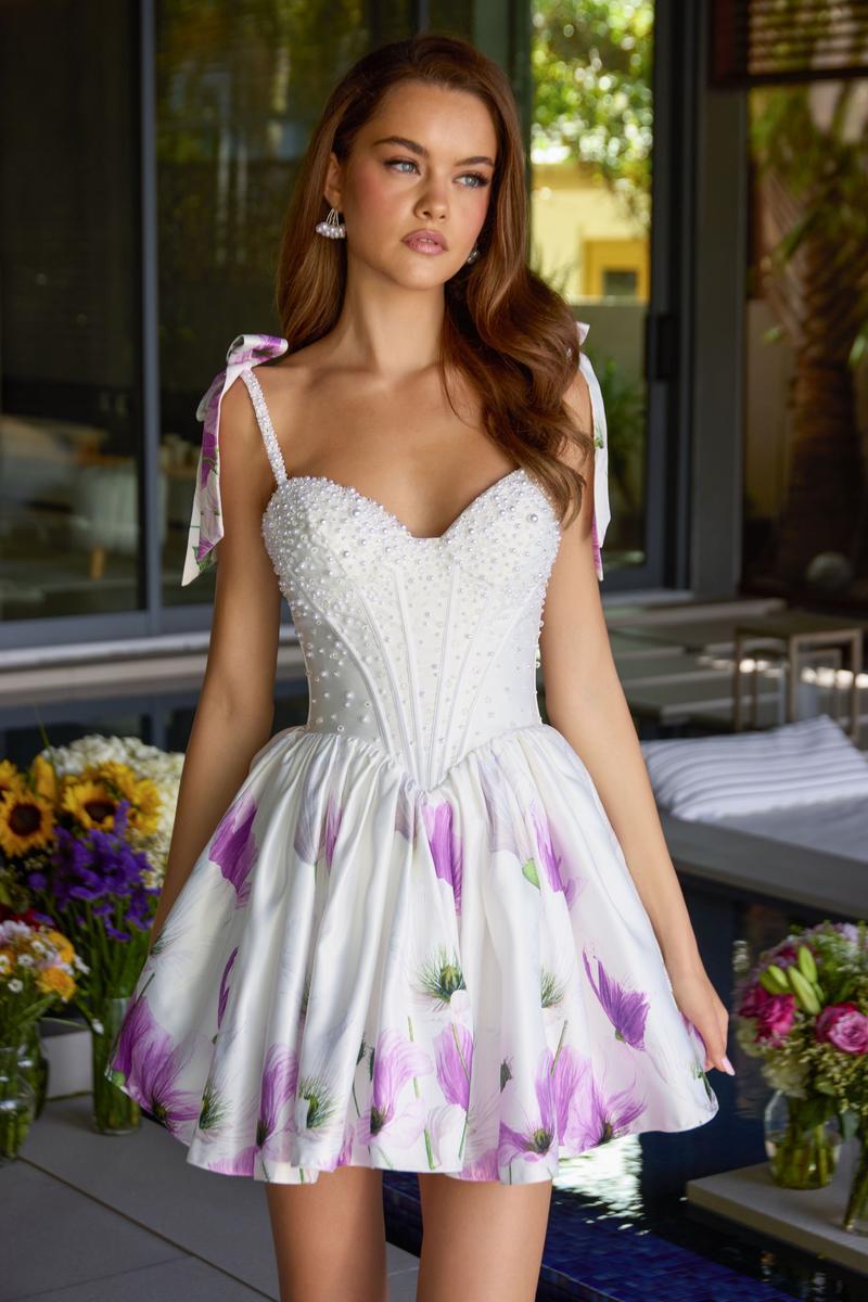 Ava Presley Shoulder Tie Pearl Floral Homecoming Dress 42432