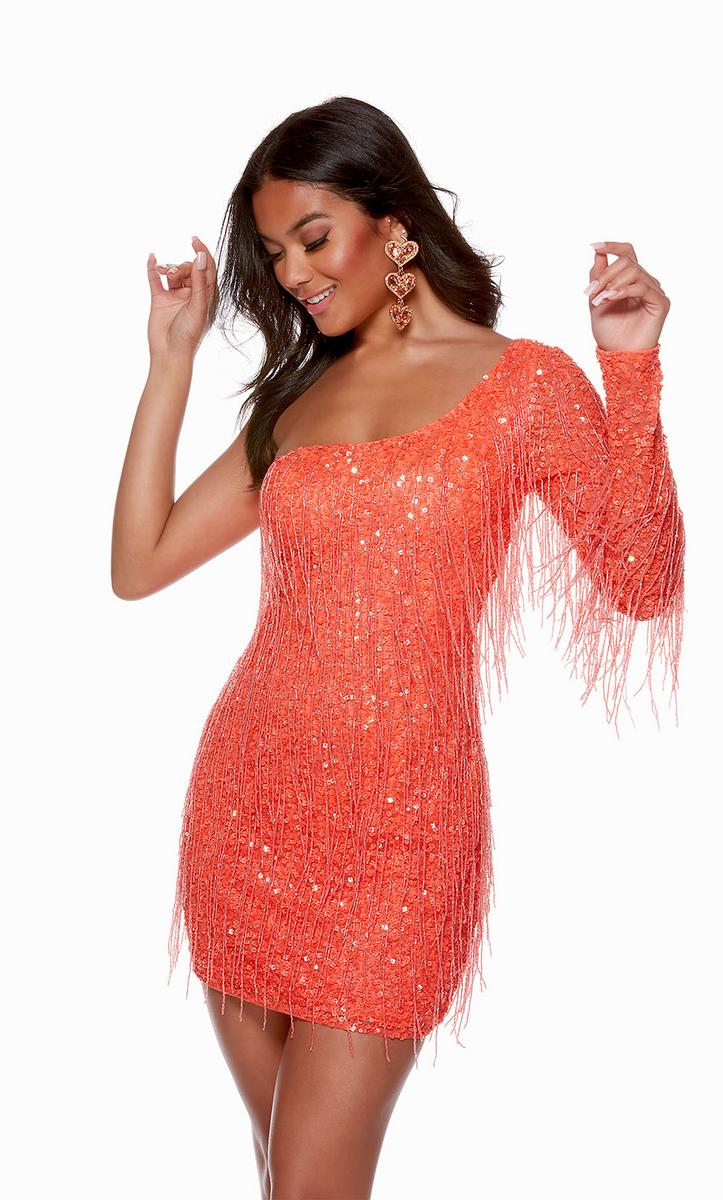 Alyce Paris One Sleeve Fringe HoCo Dress 4646 Alyce Paris One Sleeve Fringe HoCo Dress 4646
