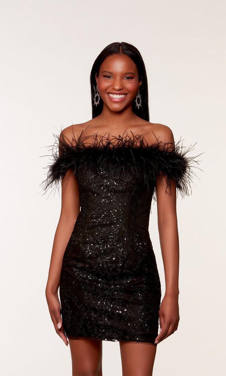 Alyce Paris Off Shoulder Feather Short Dress 4649 Alyce Paris Off Shoulder Feather Short Dress 4649