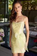 Ava Presley Short Satin Pearl Beaded Dress with Bow 47290