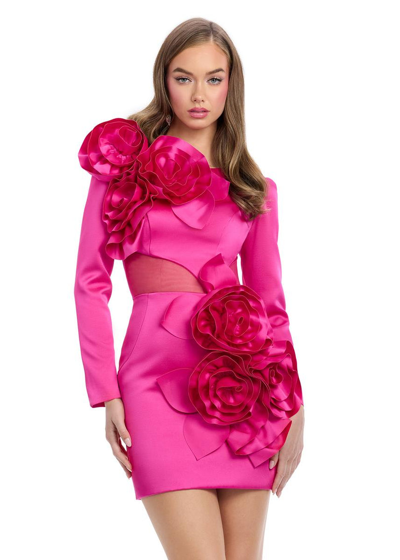 ASHLEYlauren 3D Floral Long Sleeve Short Dress 4805 ASHLEYlauren 3D Floral Long Sleeve Short Dress 4805