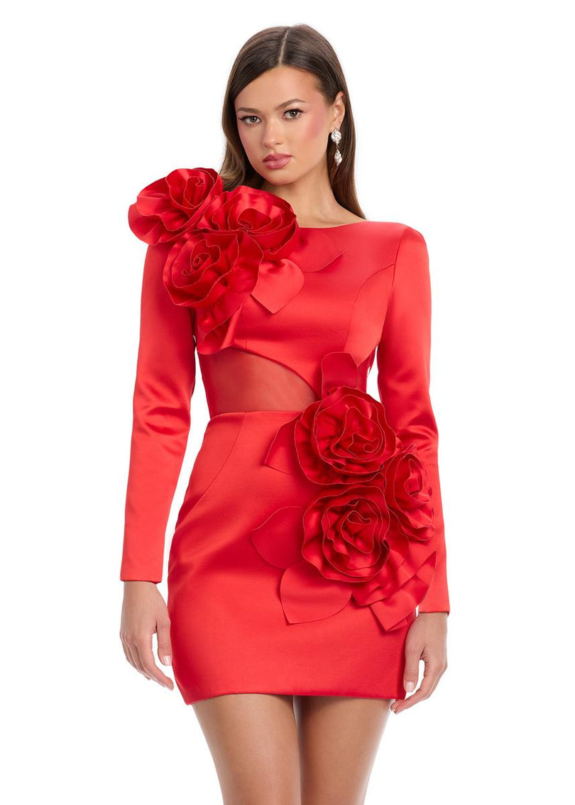 ASHLEYlauren 3D Floral Long Sleeve Short Dress 4805 Red / 6 ASHLEYlauren 3D Floral Long Sleeve Short Dress 4805 Red / 6