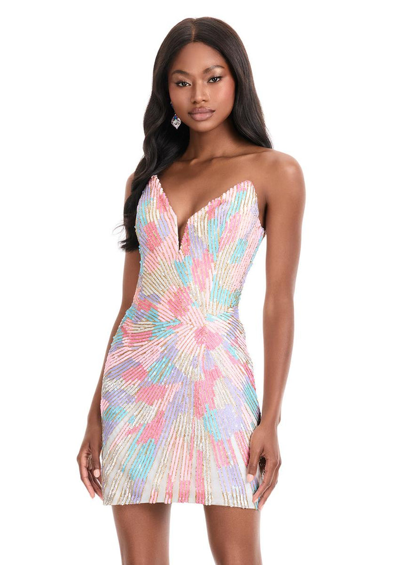 ASHLEYlauren Strapless Beaded Homecoming Dress 4894 Multi/Turquoise / 12