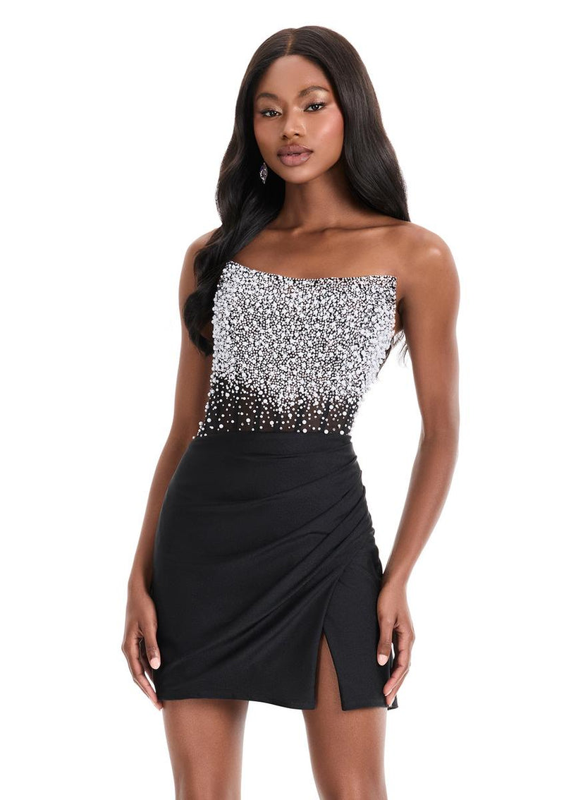 ASHLEYlauren Strapless Mesh Corset Pearl HoCo Dress 4923 Sky / 10 ASHLEYlauren Strapless Mesh Corset Pearl HoCo Dress 4923 Sky / 10