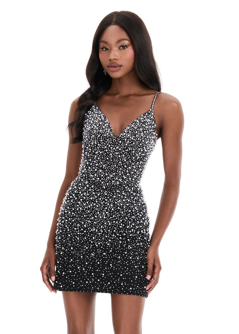 ASHLEYlauren Short V-Neck Pearl Embellished Homecoming Dress 4925
