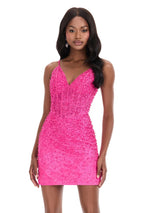ASHLEYlauren Short V-Neck Pearl Embellished Homecoming Dress 4925