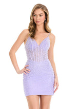 ASHLEYlauren Short V-Neck Pearl Embellished Homecoming Dress 4925
