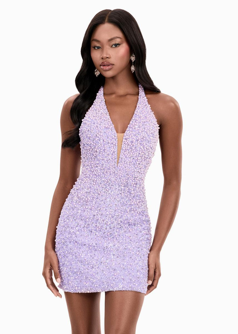 ASHLEYlauren Halter Open Back Fitted Short Dress 4956