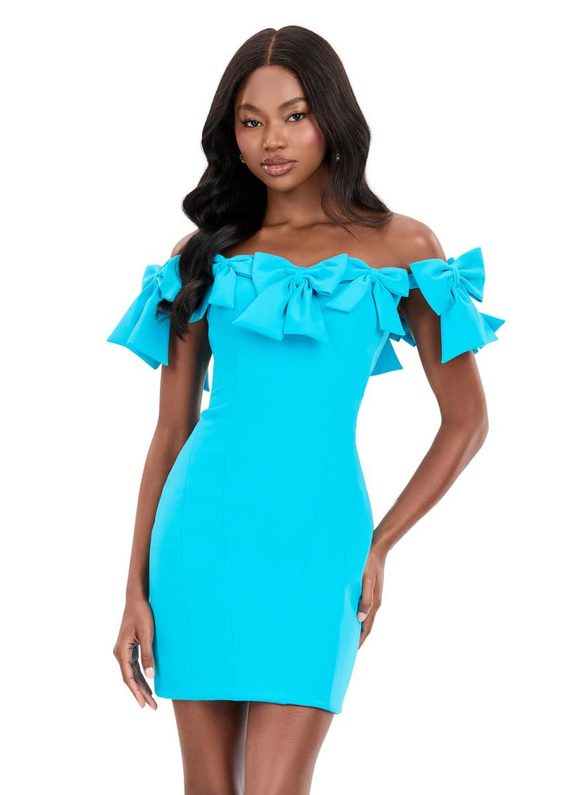 off the shoulder bow dress ASHLEYlauren 4966 Bow Off-Shoulder Mini Dress
