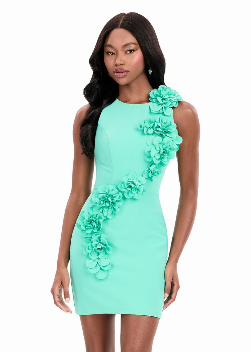 ASHLEYlauren High Neck 3D Flower Fitted Short Dress 4967