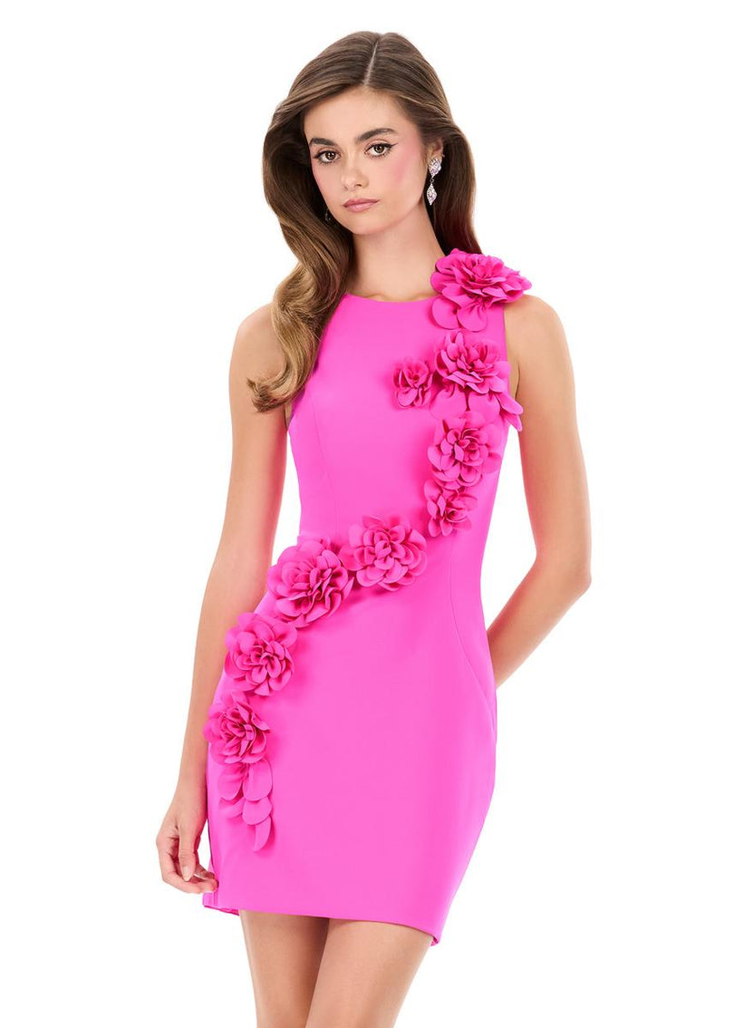ASHLEYlauren High Neck 3D Flower Fitted Short Dress 4967