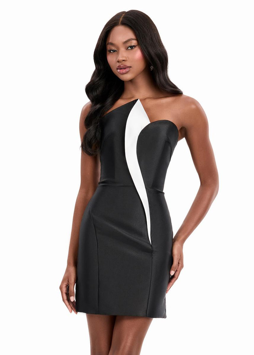ASHLEYlauren Asymmetrical Neckline Fitted Short Dress 4973 ASHLEYlauren Asymmetrical Neckline Fitted Short Dress 4973