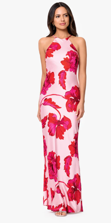 Xscape Women's Sleeveless Halter Neck Printed Long Dress - RED PINK - Size 4 Xscape Women's Sleeveless Halter Neck Printed Long Dress - RED PINK - Size 4