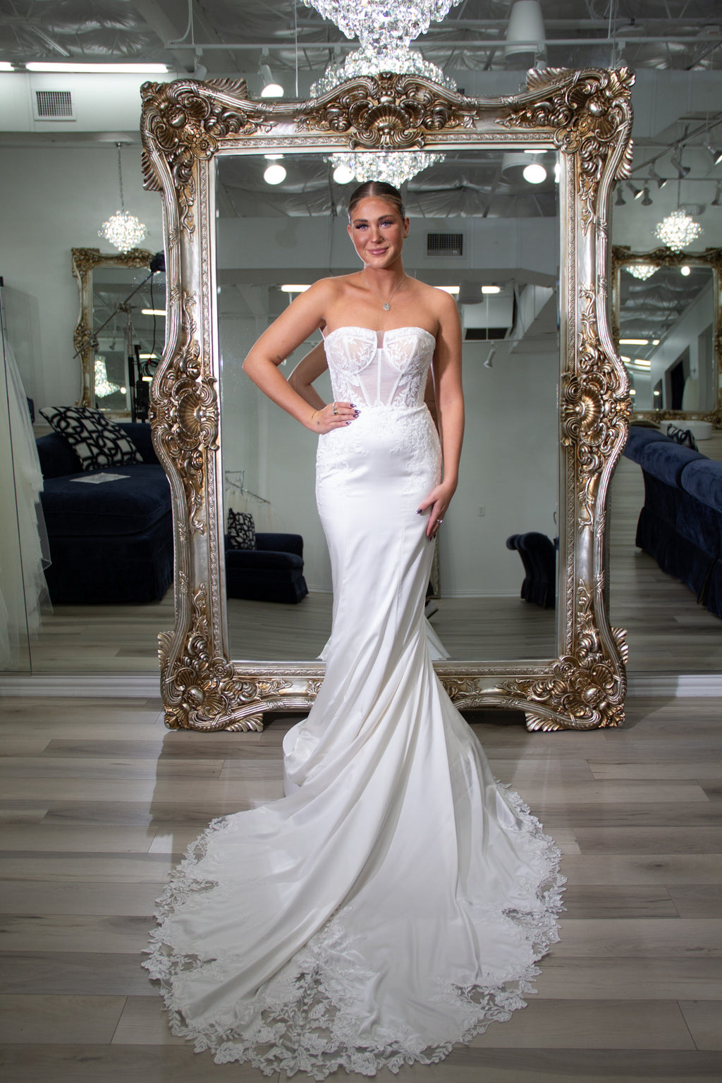 strapless open back dress Luxe Lace Satin Gown with Dramatic Train  Black or Red Evening Dress