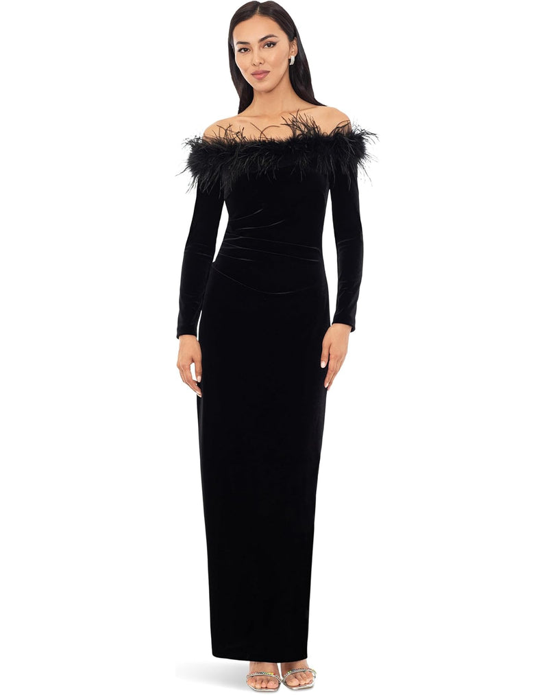 Xscape Off Shoulder Long Sleeve Velvet Evening Gown 5809X