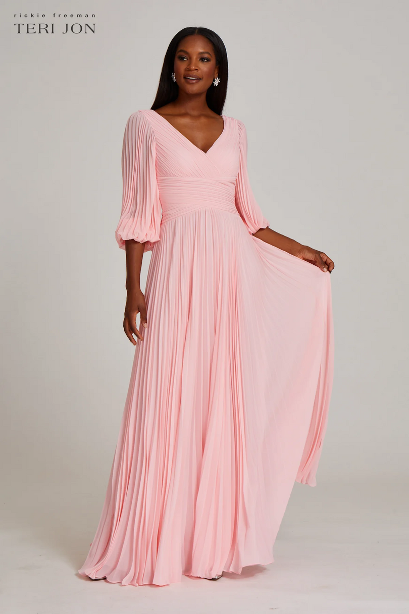 Teri Jon Pleated Chiffon Puff Sleeve Evening Dress 209098 Teri Jon Pleated Chiffon Puff Sleeve Evening Dress 209098