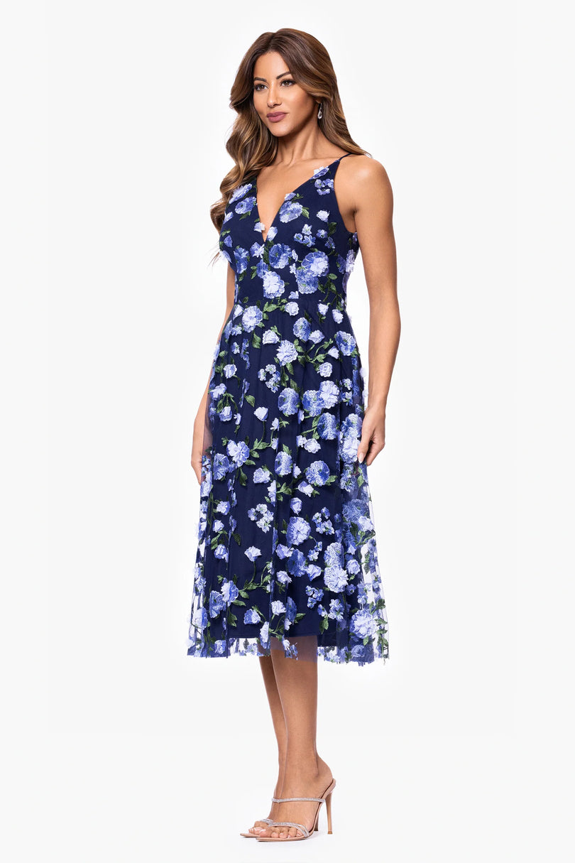 Xscape Evenings "Trina" 3D Embellished Floral Midi Dress 6829X