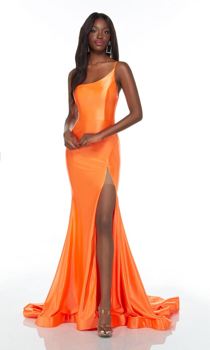 neon orange dress prom Ava Presley Simple Ruched Satin Prom Dress 47030