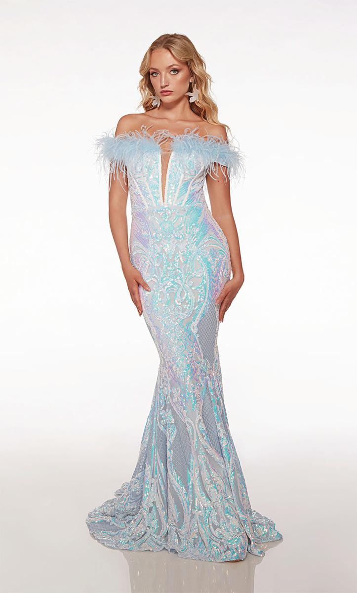Alyce Paris Off Shoulder Feather Prom Dress 61650