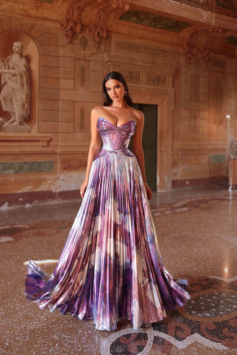 foil prom dress Strapless Metallic Foil Long Prom Dress