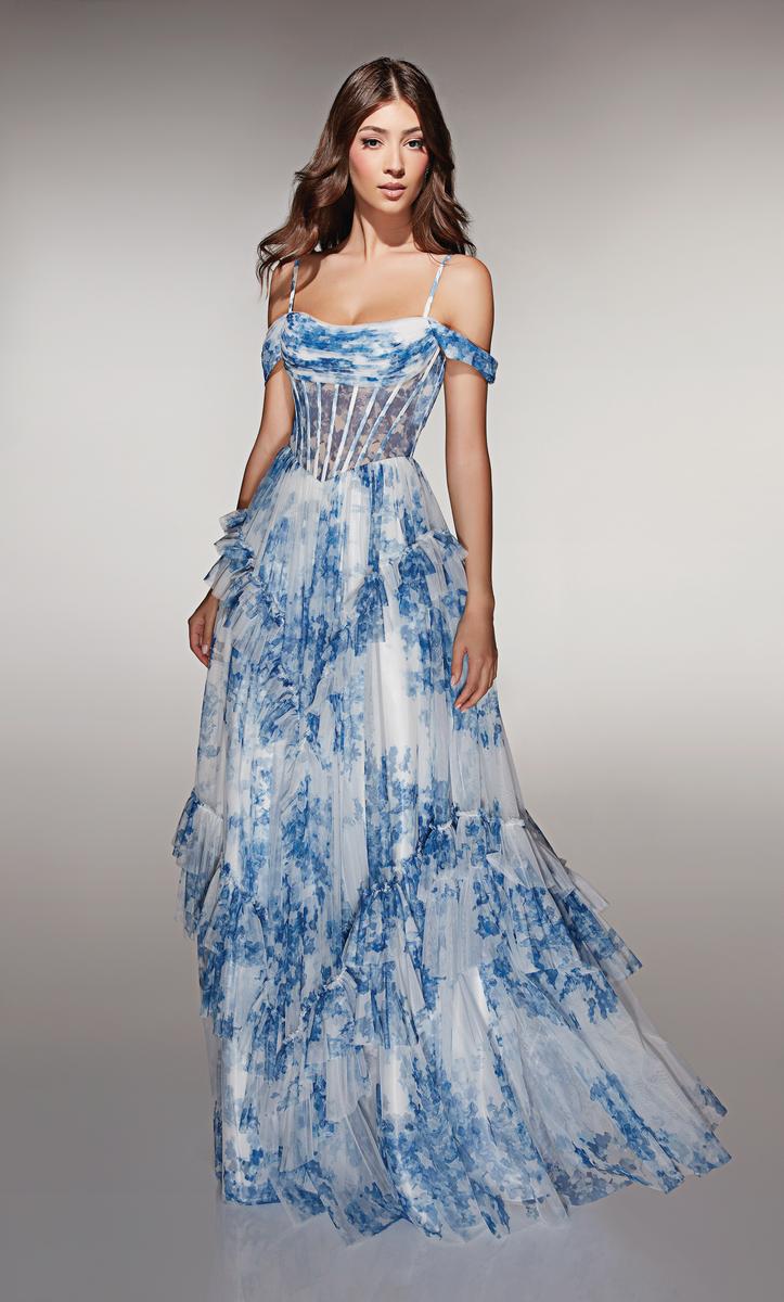 paris prom dresses ALYCE Paris A-Line Floral Print Tulle Prom Dress 62212 Pink-White / 2