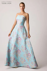 Teri Jon Strapless Jacquard A-Line Long Evening Dress 259019