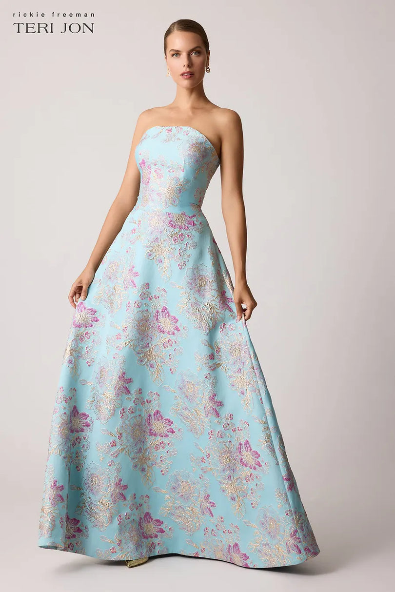 Teri Jon Strapless Jacquard A-Line Long Evening Dress 259019
