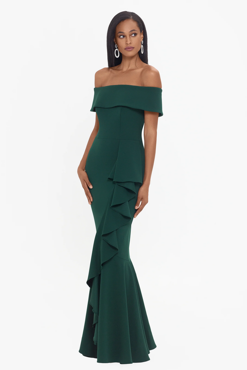 betsy and adam off the shoulder ruffle dress Betsy & Adam Ruffle Prom Dress A25047