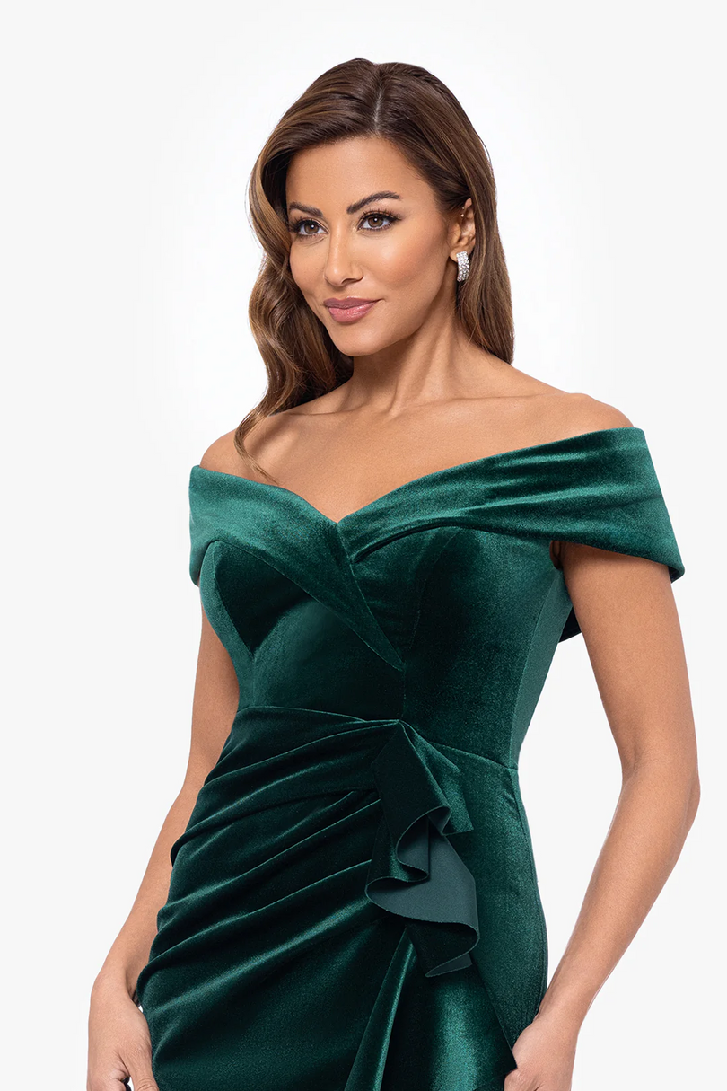 Xscape Evenings "Alana" Off the Shoulder Velvet Evening Gown Xscape Evenings "Alana" Off the Shoulder Velvet Evening Gown
