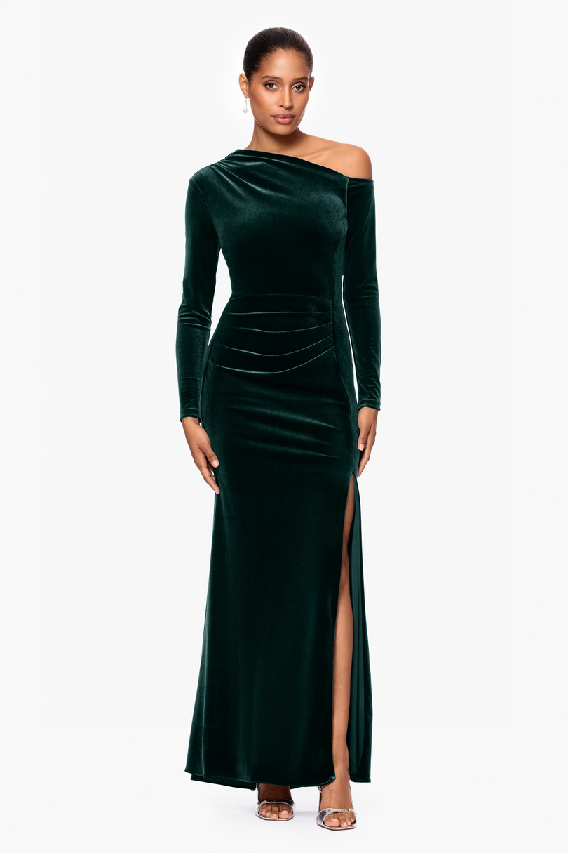 Betsy & Adam Women's One-Shoulder Long Sleeve Velvet Gown - Green - Gowns Betsy & Adam Women's One-Shoulder Long Sleeve Velvet Gown - Green - Gowns