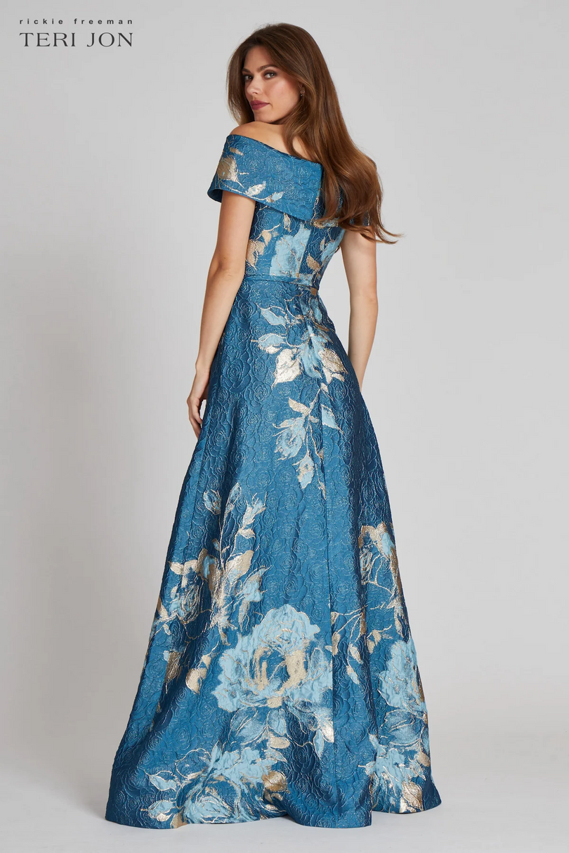 Teri Jon Floral Jacquard Off the Shoulder Gown 217048 Teri Jon Floral Jacquard Off the Shoulder Gown 217048