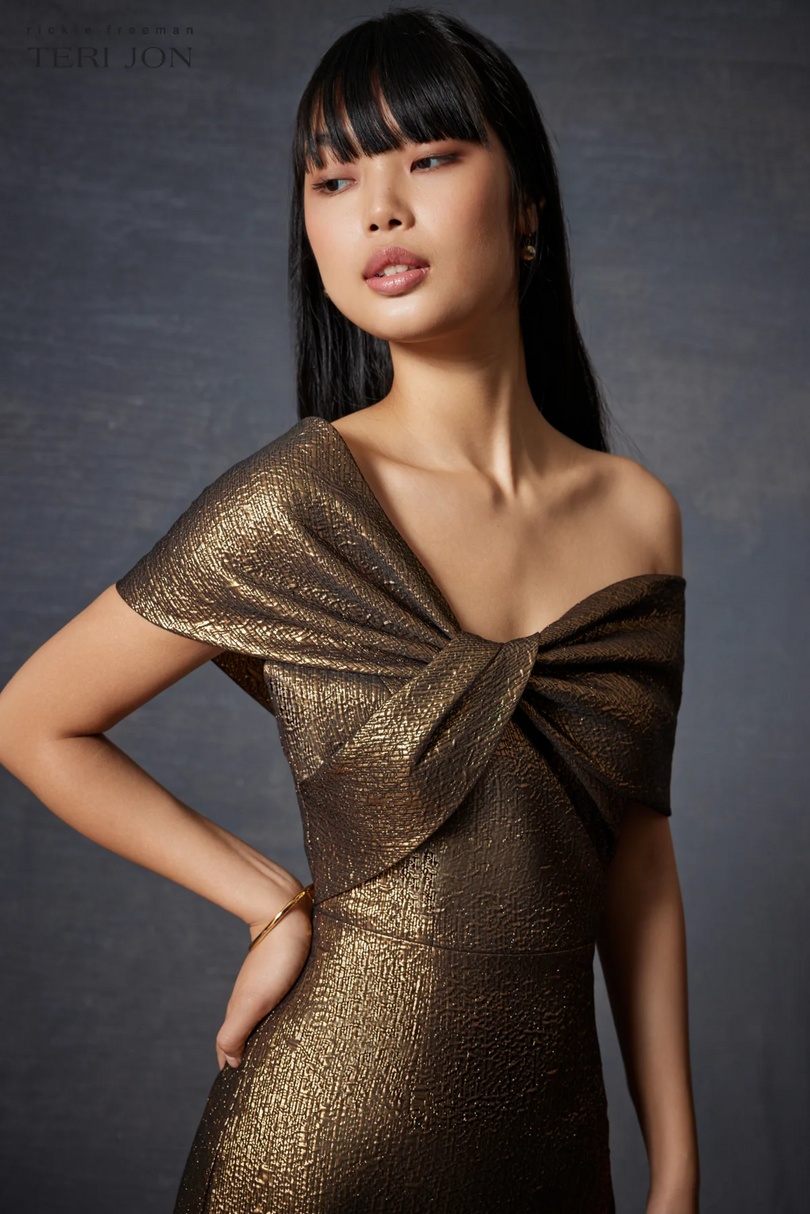 Teri Jon Jacquard Twist Bodice Off Shoulder Evening Dress 239042 Teri Jon Jacquard Twist Bodice Off Shoulder Evening Dress 239042