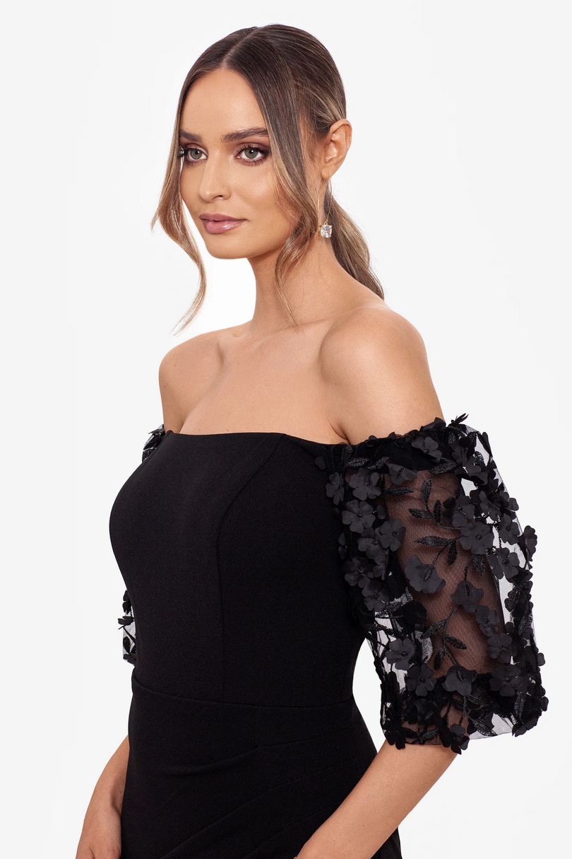 Xscape "Melanie" 3D Floral Sleeve Scuba Crepe Gown 3720X Xscape "Melanie" 3D Floral Sleeve Scuba Crepe Gown 3720X