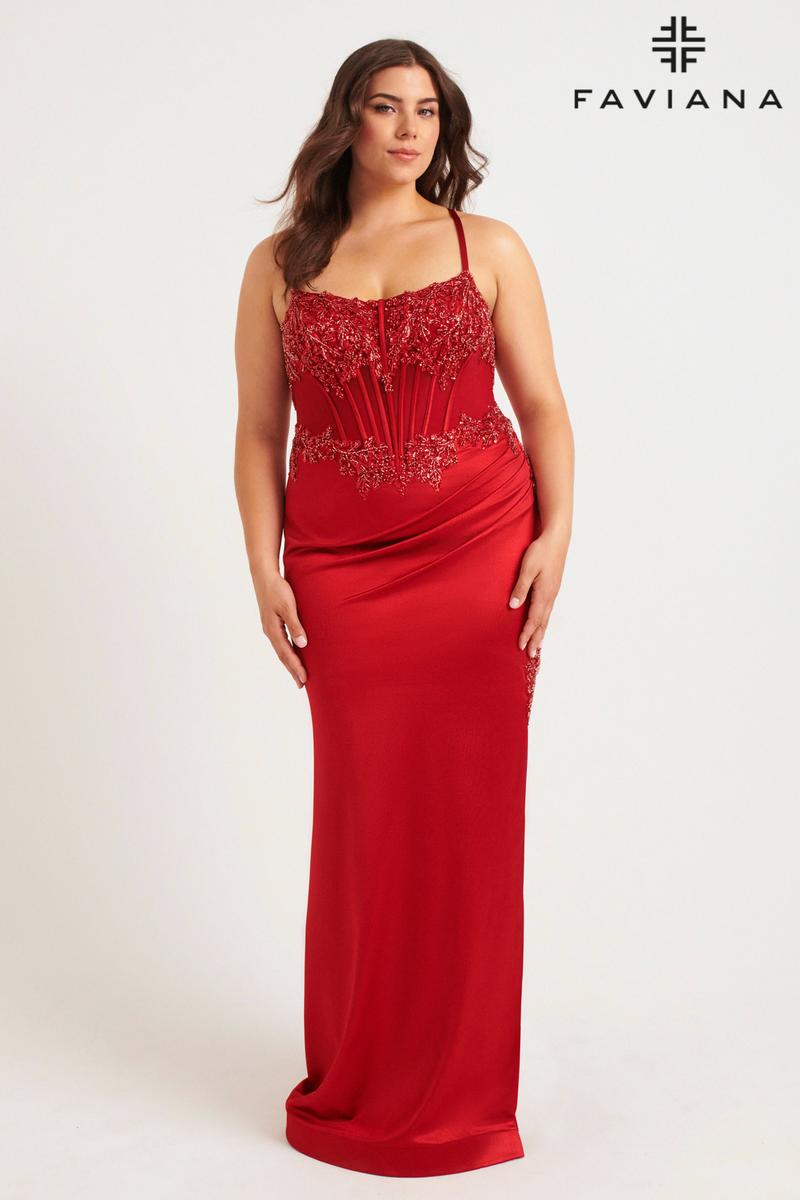 Faviana Plus Size Satin Long Corset Dress 9592 Red / 24W Faviana Plus Size Satin Long Corset Dress 9592 Red / 24W