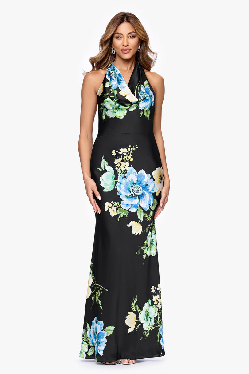 betsy and adam formal dresses Betsy & Adam Printed Floral Satin Long Evening Dress A27911