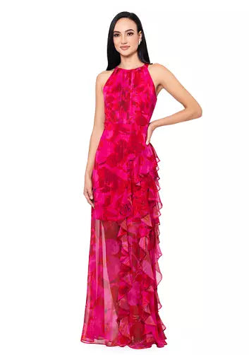 Betsy & Adam Halter Floral Chiffon Dress A26513