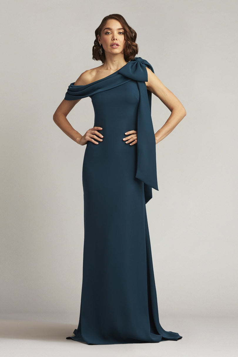 Tadashi Shoji Cassia Bow-Shoulder Crepe Evening Gown ALG1837 Tadashi Shoji Cassia Bow-Shoulder Crepe Evening Gown ALG1837
