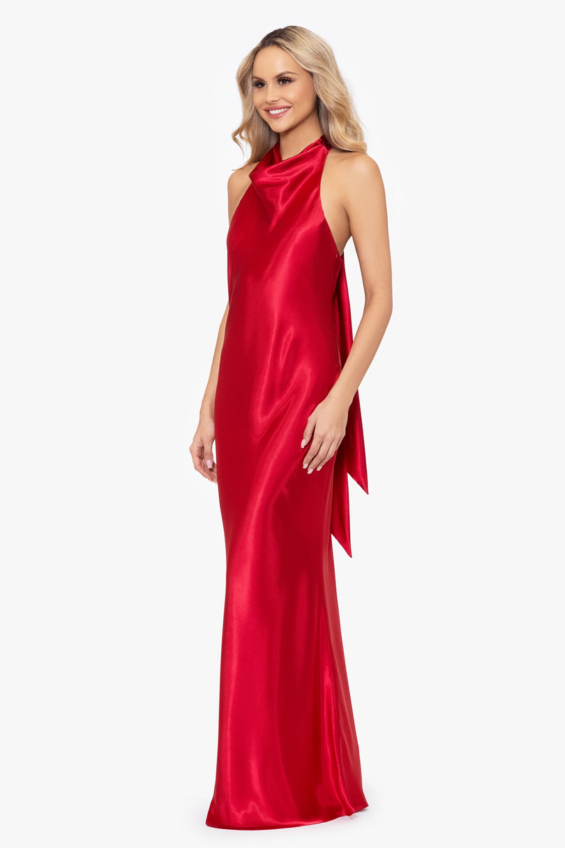 Betsy and Adam Shannon Halter Necktie Satin Maxi Dress A26454