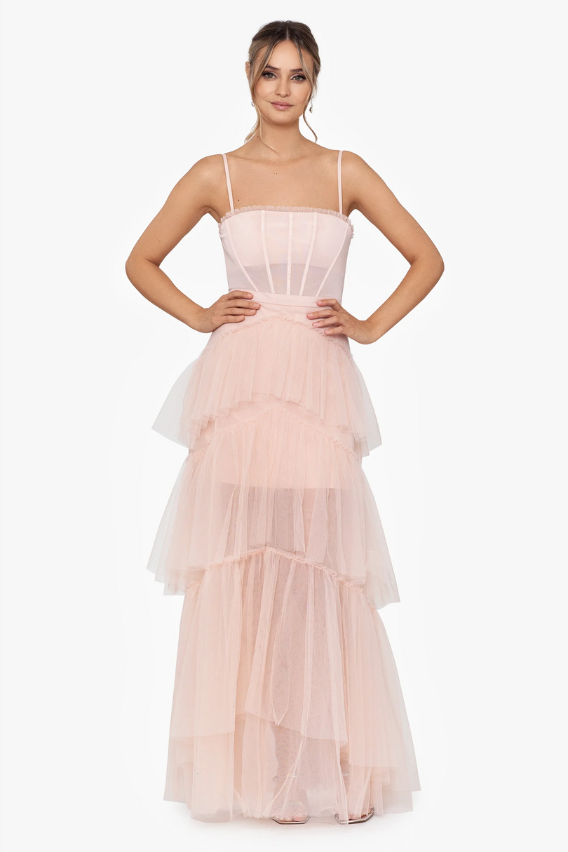 betsy and adam hot pink dress Rosa Mikado V-Neck Floor Length Dress