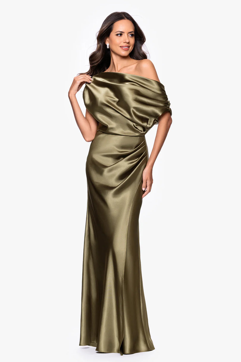 Betsy & Adam Drop Shoulder Long Evening Dress A28118