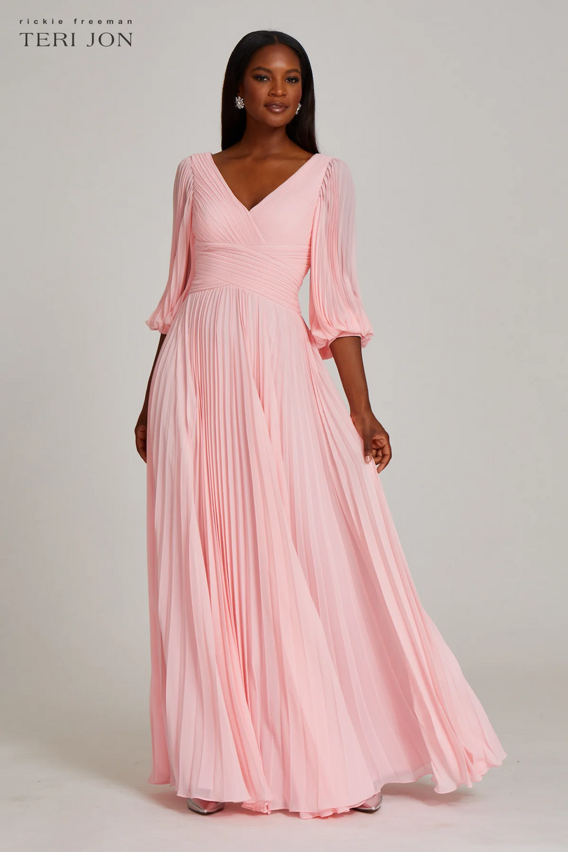 Teri Jon Pleated Chiffon Puff Sleeve Evening Dress 209098 Teri Jon Pleated Chiffon Puff Sleeve Evening Dress 209098