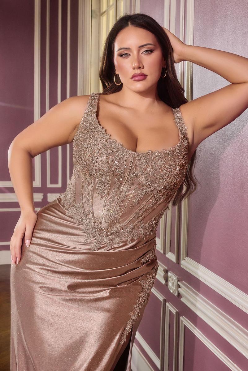 glitter-satin strapless long prom dress: ladivine cc475 LaDivine CC475 Corset Bodice Strapless Scoop Neck Dress