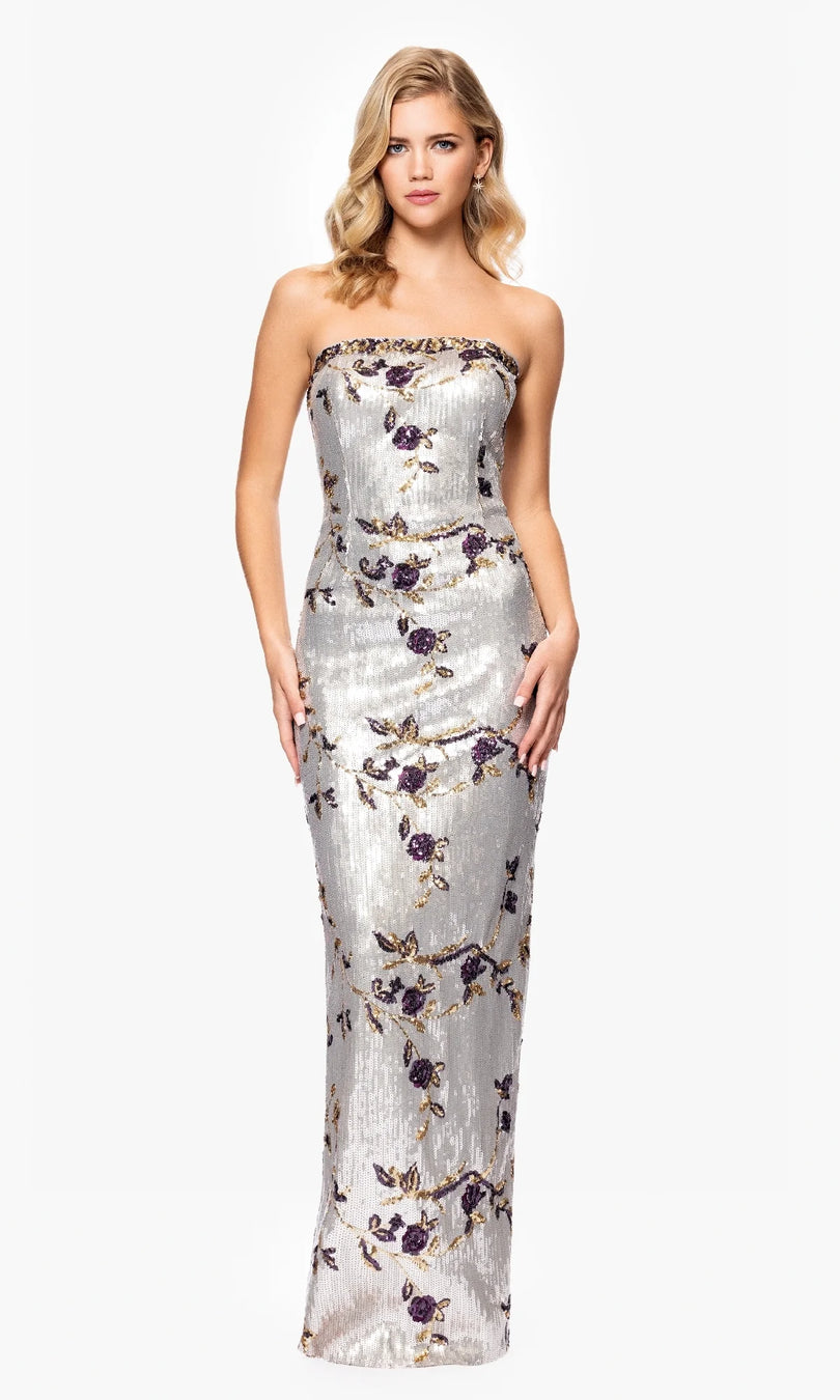 Betsy and Adam Strapless Fitted Sequin Floral Dress A26994 Betsy and Adam Strapless Fitted Sequin Floral Dress A26994