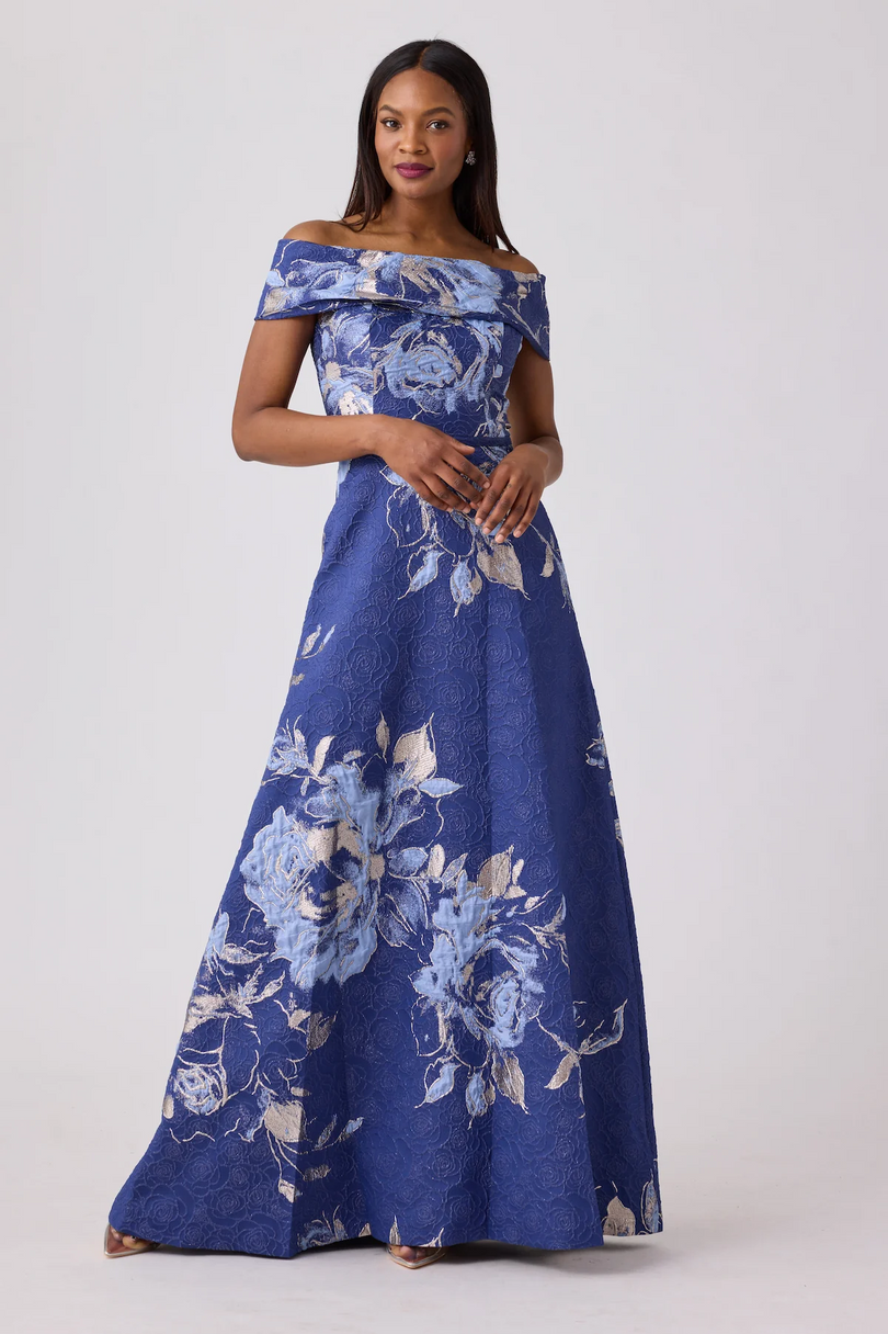 teri jon dresses Teri Jon Floral Jacquard Off the Shoulder Gown 217048