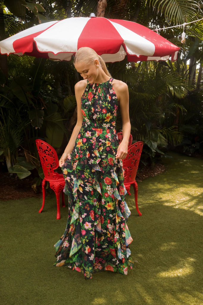 Betsy and Adam "Camille" Floral Print Chiffon Ruffle Dress A27102