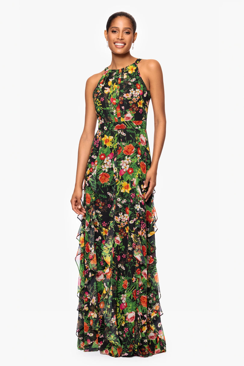 Betsy and Adam "Camille" Floral Chiffon Ruffle Dress A27102 Betsy and Adam "Camille" Floral Chiffon Ruffle Dress A27102