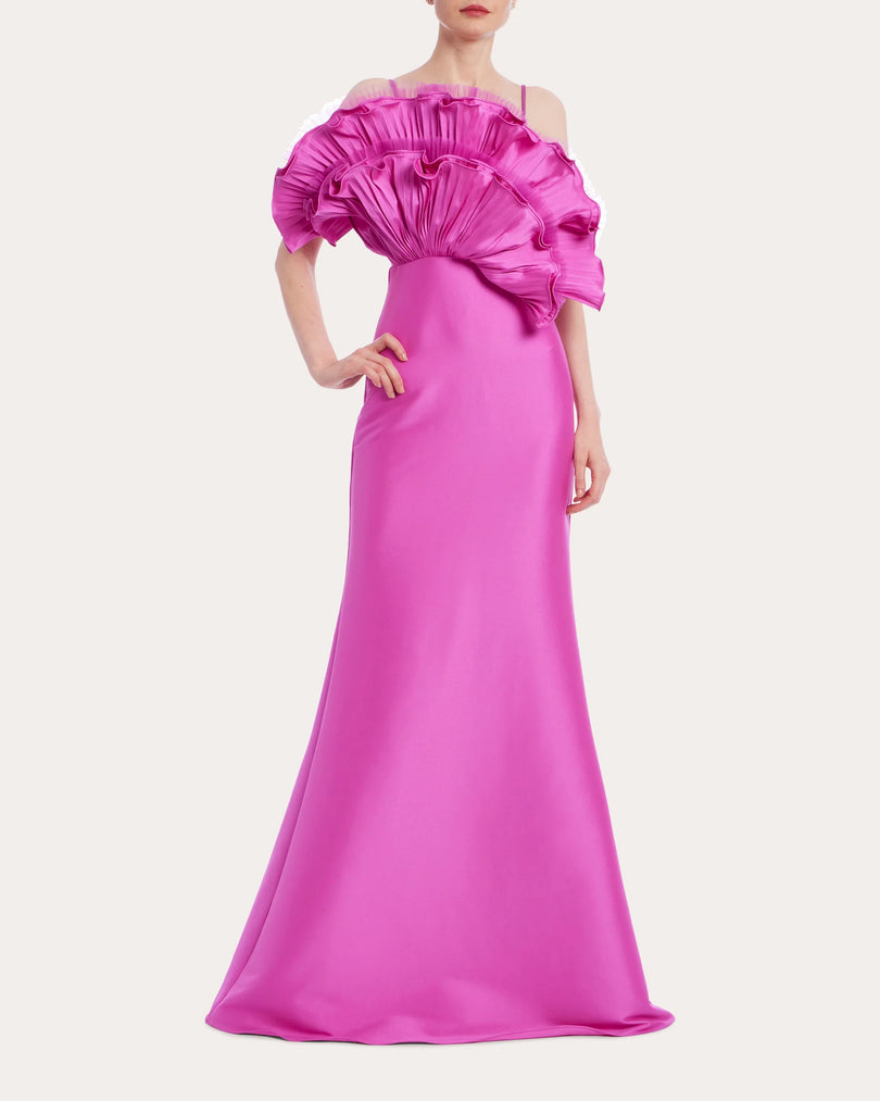 Badgley Mischka Pleated Ruffle Fan Flared Mikado Gown EG4416 Badgley Mischka Pleated Ruffle Fan Flared Mikado Gown EG4416